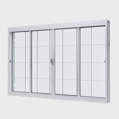 Janela de Aço de Correr Central 100x150cm 4 Folhascom Grade Quadriculada e Vidro Liso