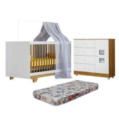 Quarto de Bebê com Berço Mini Cama com Colchão Flocos e Cômoda 100% Md