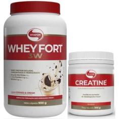 Kit Whey Fort 3W Pote 900g Sabores + Creatina Vitafor 300g, Cookies Cr
