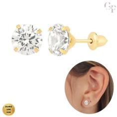 Brinco de Ouro 10K Zircônia Branca Transparente de 6mm Infantil e Adul