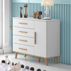 Cômoda Fraldário 1 Porta 4 Gavetas Pés Palito Ludmila Carolina Baby Branco/Bétula