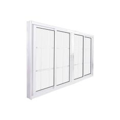Janela de Correr Abertura Central Premium 4 Folhas com Grade Vidro Liso 100x200cm CRV Portas e Janelas Branco