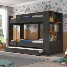 Treliche Infantil/Juvenil com Estante 2 Portas 6 Nichos Oliver Grafite/Nogal