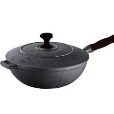 Panela Wok Em Ferro Fundido Com  Cabo Silicone Preto