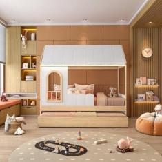 Bicama Reversível Casinha com Telhado, Led, Janela e Grade Frontal New Garden Casatema Branco/Natural