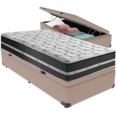Cama Box Baú Bege e Colchão Classic Preto Molas ensacadas Solteiro Anj