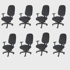 Kit 8 Unidades Cadeira Escritório Secretária Giratória com Braço Regulável em Couro