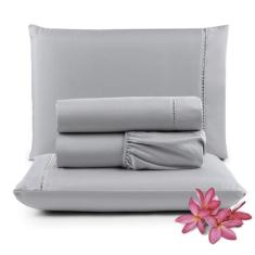 Jogo de Lençol Micropercal 400 Fios Queen 4 Peças Barato - Cinza - 100