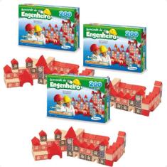 Kit 3 un Blocos para Montar Brincando de Engenheiro 200 peças Madeira 