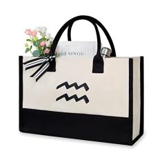 Bolsa de praia de lona TOPDesign, com inicial personalizada, sacola de presente com monograma, para mulheres, Preto e branco, 17" x 11.8" x 7.8"