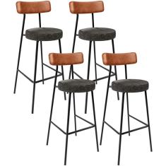 Kit 04 Banquetas Alta Cozinha Sala De Jantar Milão L02 Couríssimo Camel Linho Chumbo - Lyam Decor