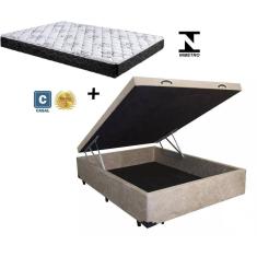 Cama Box Baú Casal Conforto Suede Bege + Colchão Casal Conforto Espuma D33  30x138x188