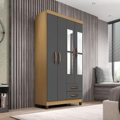 Guarda Roupa Solteiro Aspen 4 Portas 2 Gavetas com Espelho I01 Carvalho Grafite - Clique Chique Móveis