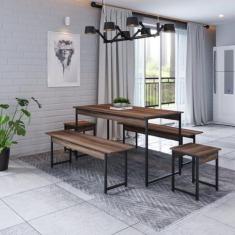 Conjunto Mesa de Jantar com 2 Bancos 2 Banquetas Estilo Industrial Act