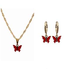 Conjunto Infantil Colar e Brinco Borboleta Folheado Ouro 18k Antialérg