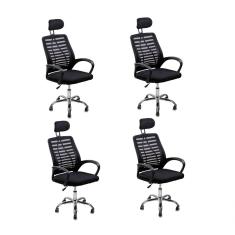 Kit 4 Cadeiras Escritório Diretor Tela Mesh Encosto De Cabeça Preto
