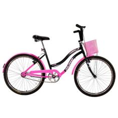 Bicicleta Retrô Vintage Aro 26 18v Feminina Beach Preto com Rosa Chicl