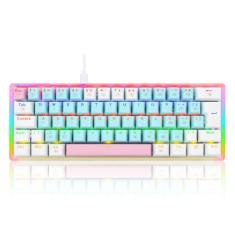 TECLADO MECANICO GAMER AKALI KEYCAPS ROSA, AZUL E BRANCO RAINBOW SWITCH MARROM
