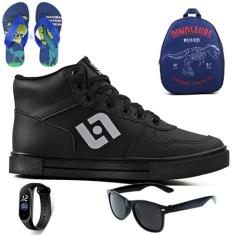 Tenis Infantil Meninos Botinha Cano Alto Escolar Casual Basico + Mochila Chinelo Oculos Relogio