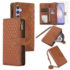 Asuwish Capa de telefone para Samsung Galaxy A14/M14 5G capa carteira com protetor de tela de vidro temperado e alça de pulso transversal de couro flip zíper suporte para cartão de crédito celular A