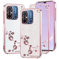 Kainevy Capa para Xiaomi Redmi 12C transparente fofo glitter rosa floral para mulheres meninas capa para telefone Redmi 12C capa de telefone fina de silicone TPU à prova de choque brilhante diamante