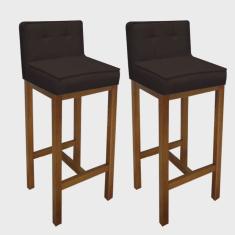 Kit 02 Banqueta Alta Com Encosto Alba Cozinha Balcão Bistrô Base Madeira Carvalho Tecido Sintético Marrom - Ahazzo Móveis