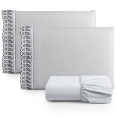 Jogo Lençol Casal Suave Barrado Lese 3 Peças Barato - Cinza - Casa Sho