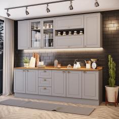 Cozinha Compacta 7 Peças Com Aéreo 3 Portas Com Vidro Amy Casa 812 Cinza