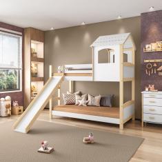 Beliche Infantil Casinha Com Escorregador Madeira E Mdf - Casatema Branco-natural