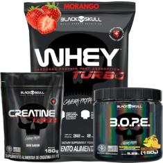 Whey Protein + Creatina Monohidratada + Pré-Treino - Kit Protein Concentrado + Creatina Monohidratada Turbo 150g + Pré-Treino B.O.P.E 150g - Black Skull (Whey Turbo Morango - B.O.P.E Frutas Amarelas)