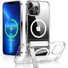 Capa de telefone magnética transparente para iPhone 15 14 Pro Max 13 12 11 Mini com suporte de metal para capa traseira de carregamento sem fio, transparente, para iPhone 13 Mini