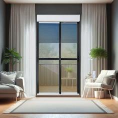 Porta de Correr com Persiana Integrada 2 Folhas Móveis 230 X 150 Elite com Fecho Automático Vidro Re Mix Preto