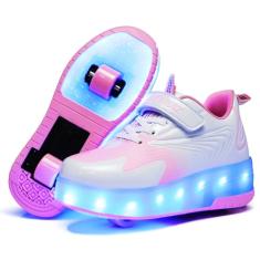 GIMKOUNN Tênis de patins para meninas, recarregável, USB, 2 rodas, patins para iniciantes com 16 modos, luz LED, piscando, unissex, infantil, skate, meninos, estilosos, presentes, rosa, 16