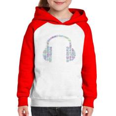 Moletom Infantil Headphone Palavras - Foca na Moda, Branco, Vermelho, 