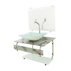 Gabinete De Vidro Para Banheiro 70Cm Inox - Mármore Branco - Cubas E G