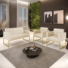 Kit 1 Sofá Namoradeira e 2 Poltronas Elisa material sintético Base Met