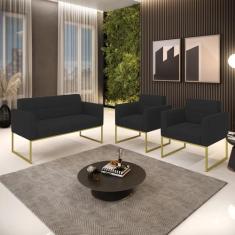 Kit 1 Sofá Namoradeira e 2 Poltronas Elisa Veludo Base Metálica Indust