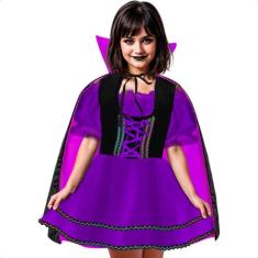 Fantasia Halloween Infantil Menina Vampira Gótica Com Capa Luxuosa - F