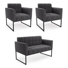 Sofá Namoradeira e 2 Poltronas Industrial Pto Elisa Bouclê Grafite D03 - D`Rossi