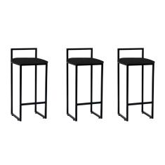 Kit 3 Banquetas Altas Industriais em Aço Dori Preto Assento Suede Preto