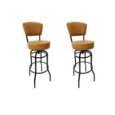 Banqueta Alta Bar Giratória com Encosto cor Preta Assento cor caramelo