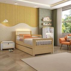 Bicama Solteiro Reversível com Estante 4 Nichos em LED e Sapateira 1 PT Infantil Wave Casatema Branco/Natural