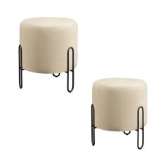 Conjunto - 2 Puffs Banqueta Mali Luxo Base Metálica Preta Linho Bege Claro