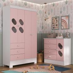 Quarto Infantil Completo Guarda Roupa 4 Portas 3 Gavetas com Cômoda Stella Espresso Móveis Branco/Rosa
