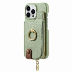 Carteira de couro com zíper com porta-cartão capa de telefone para iPhone 13 12 Mini 15 14 11 Pro Max XS XR X 7 8 Plus Ring Kickstand Cover, verde, para iPhone 13
