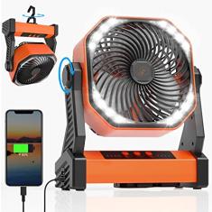 Gewanolla Ventilador de acampamento com luz LED, ventilador de acampamento operado por bateria recarregável de 20000 mAh com gancho, pivô de 270°, 4 velocidades, ventilador de mesa USB para