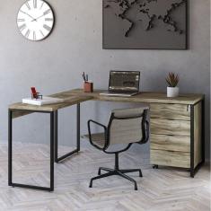 Mesa de Escritório em L Estilo Industrial 150x150cm com Gaveteiro Volante 4 Gavetas Carvalho