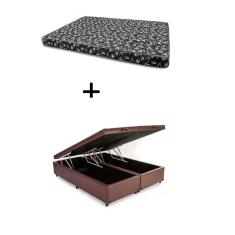 Cama Box Baú King 193 Bipartido - Bello Box Tecido Sintético Marrom com Colchão New York Preto D28 - 100% Espuma - 54x193x203