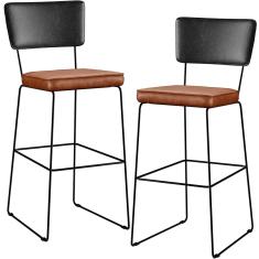 Kit 02 Banquetas Altas Sala Jantar Fixa Allana L02 Couríssimo Preto Couríssimo Camel - Lyam Decor