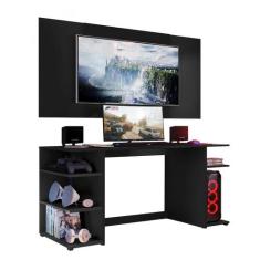 Mesa Gamer Escrivaninha Com Painel Tv 55" Guilda Multimóveis Preta